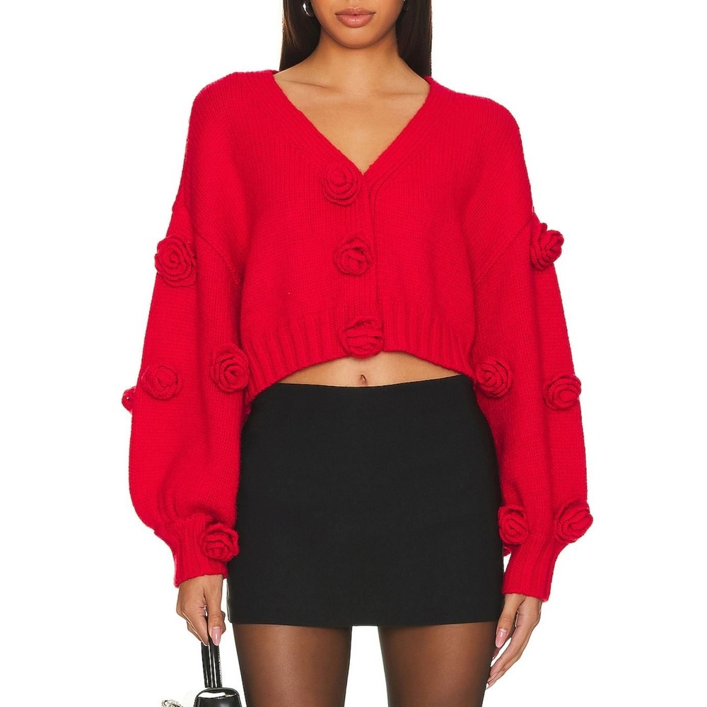 For Love and Lemons Scarlett Cardigan Sweater Small Red Rosette Crop Chunky Knit